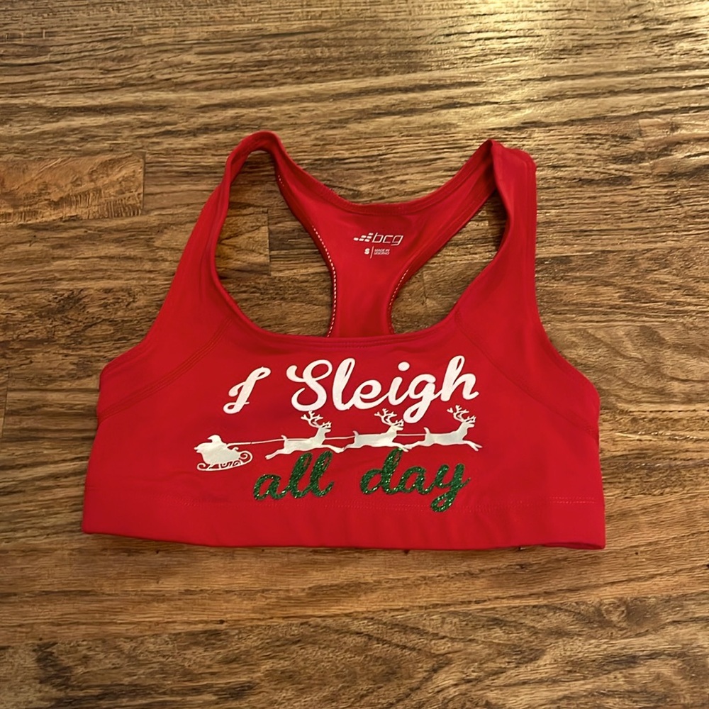 Red “sleigh all day” custom Christmas sports bra